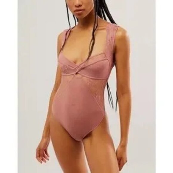 Free People Intimately Sheer Things Lace Trim Mesh Bodysuit Smoke Rose Size XL - Picture 2 of 15